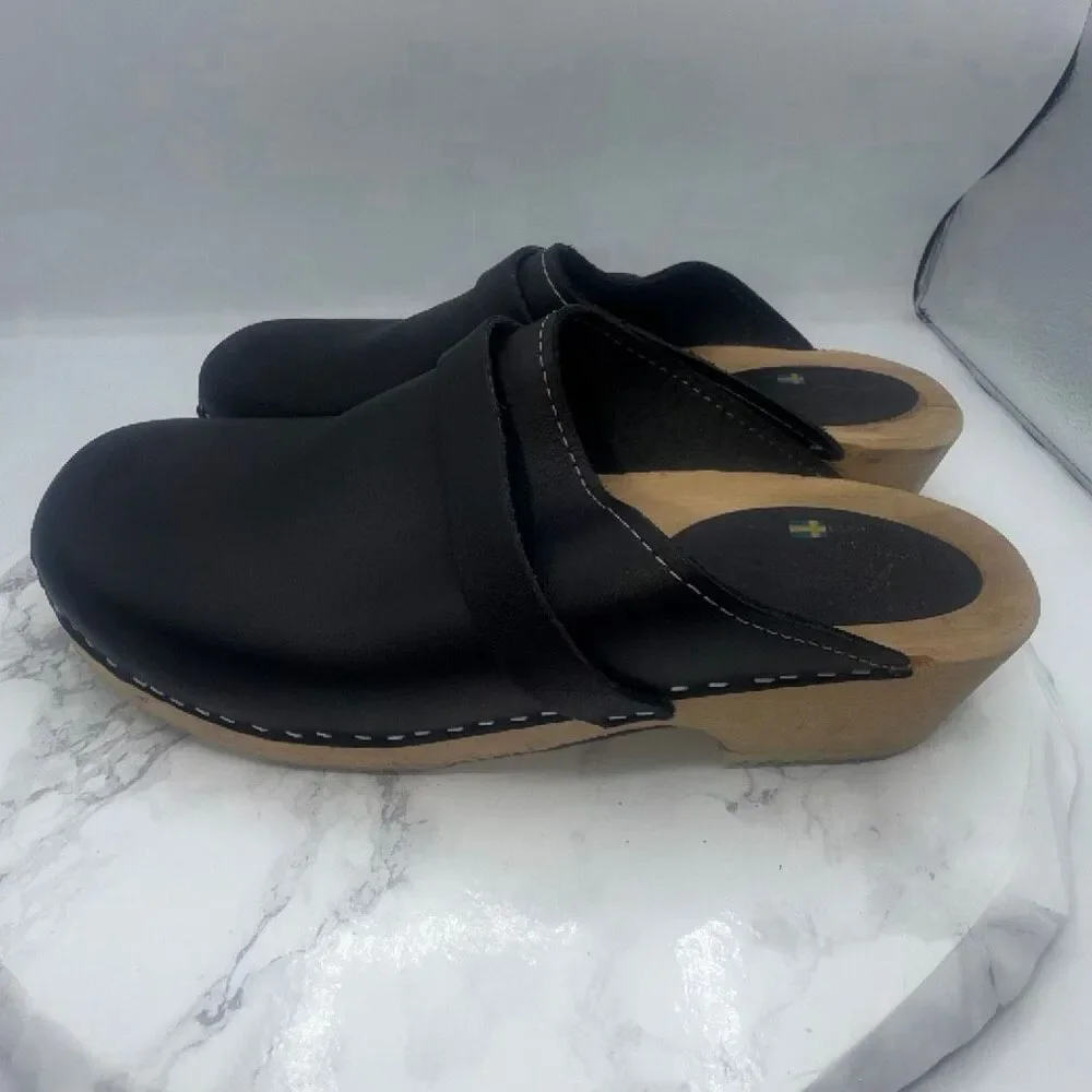 LOTTA’S From Stockholm Swedish Black Leather and Wooden Clogs-EUR 44/US Women’s